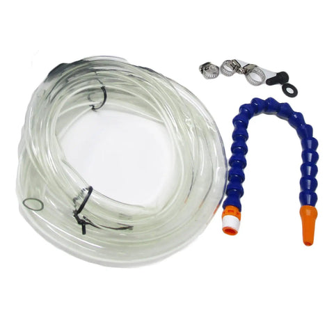 Rock Solid Flood Coolant System For Vertical Drill Presses Featuring 1/8 Hp Pump With 3 Phase 220/440 V Wiring, includes coolant hose and fittings.