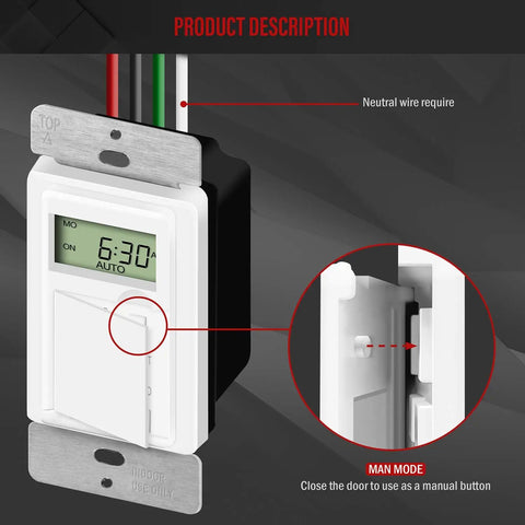 Programmable Digital Timer Switch For Lights Fans And Motors With 7 Day 18 On Off Timers And Auto Scheduling For Indoor And Outdoor Use Single Pole With Neutral Wire Required UL Listed White No Fuss Setup, wiring detail and manual mode button