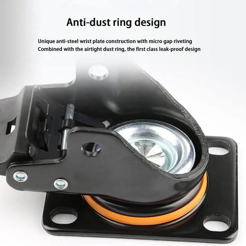 Rock Solid Heavy Duty Swivel Casters With Dual Brake System And Double Bearing Nylon Wheels, showcasing anti-dust ring design and stainless steel plate.