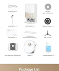 Package contents of Ultra Heat Robot Vacuum And Mop with accessories including base station, mop pads, and cleaning tools.