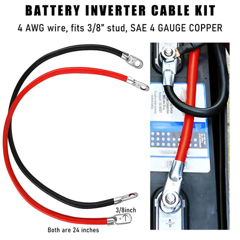 4 AWG 24 Inch Battery Inverter Cable Set With Zinc Plated Copper Terminals For Cars Trucks And Solar Power Systems displayed on battery