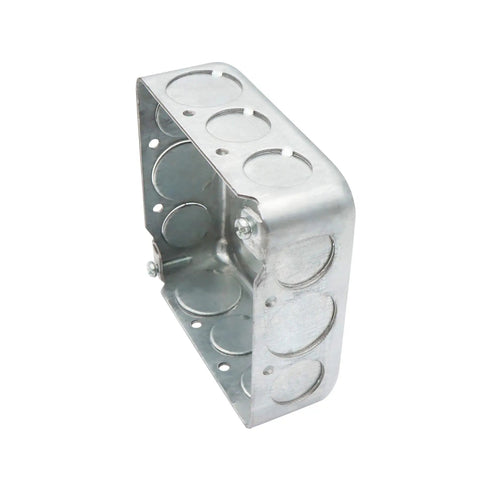 Galvanized 4 Inch Square Electrical Box With 1-1/2 Inch Depth, Ten 1/2 Inch And Six 3/4 Inch Knockouts, Built Tough Raised Grounded Metal Junction Box, 21 Cu In Capacity For DIY Wiring In Walls Or Fixtures, angled view