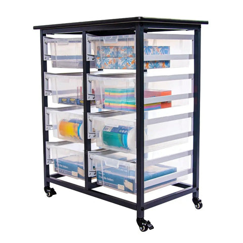 Hassle Free Heavy Duty Mobile Bin Storage Cart With Double Row Steel Rack And Eight Deep Clear Plastic Tub Bins, Slick Rolling Casters And Secure Anti Pull Handles To Keep Your Workshop Sorted