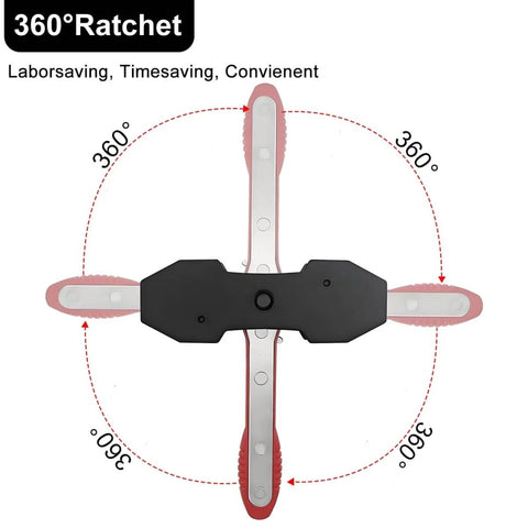 Top view of Brake Caliper Press Tool With 360 Degree Swing Ratchet Piston Compressor Pad Spreader DIY Ready Pro Grade And Two Extra Steel Plates, Adjustable From 1.57 To 2.76 Inches For Double And Four Piston Calipers Red.