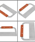 Crinkle cutter with wooden handle and stainless steel wavy blade for vegetable slicing.