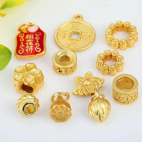 Top Tier Gold Rosette Pendant Beads For Dope Diy Jewelry Making Solid Metal Spacers 11Mm Bulk Craft Kit with various gold spacers.