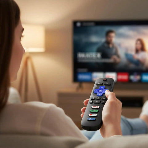 Person using 3 Pack Replacement Remote For Roku TV Compatible With TCL Onn Hisense Roku TVs No Setup Required Works Right Away