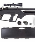 BullMaster 25 Cal PCP Air Rifle With Scope Bundle Includes 100 Paper Targets And 150 Pellets Hard Case Ready To Shoot Precision Field Rifle For Backyard Fun, showcasing rifle, scope, targets, pellets, and hard case