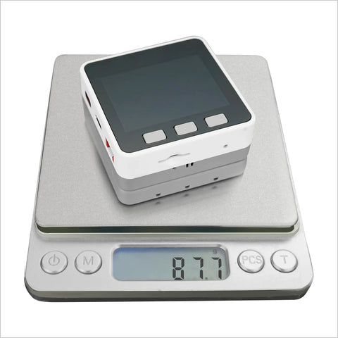 IoT Starter Kit With Core Controller And Six Expansion Modules V2.7 M5GO Edition on digital scale, 87.7 grams