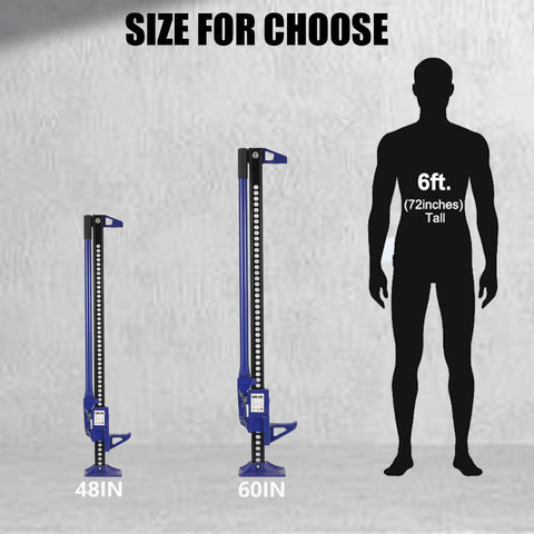 48 Inch Utility Farm Jack 6600 Lb High Lift Ratcheting Off Road Jack size comparison with a 6-ft silhouette