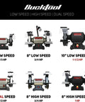 Heavy Duty 6 Inch Low Speed Bench Grinder Featuring Rock Solid Wobble Free Dual Grit Aluminum Oxide Wheels Built Garage Ready for Metal Wood and Workshop Jobs Killing Dust and Rust With Ease and Zero Skip Anytime You Hit Switch.