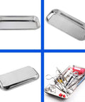 Straight Up Stainless Steel Lab Tray For Medical Gear And Surgical Tools Built Like A Tank With Rust Proof Coating And Safe Rolled Edges For Kitchen Or Industrial Jobs, 22.5 x 11.5 cm with instruments.