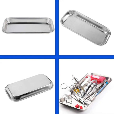 Straight Up Stainless Steel Lab Tray For Medical Gear And Surgical Tools Built Like A Tank With Rust Proof Coating And Safe Rolled Edges For Kitchen Or Industrial Jobs, 22.5 x 11.5 cm with instruments.