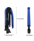 Side and front view of Coax Cable Crimping And Stripping Kit For RG6 RG59 RG11 with dimensions and blue anti-slip handle.