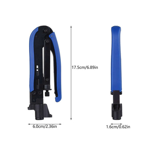 Side and front view of Coax Cable Crimping And Stripping Kit For RG6 RG59 RG11 with dimensions and blue anti-slip handle.