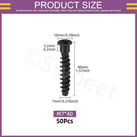 Detailed dimensions of 50Pcs M7 X 40mm Black Zinc Plated Confirmat Screws Set With Phillips Drive Countersunk Self-Tapping
