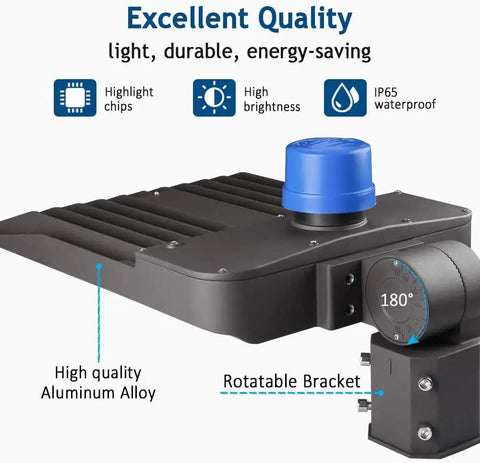 200W Outdoor LED Parking Lot Light With Dusk to Dawn Sensor showing aluminum housing and rotatable bracket