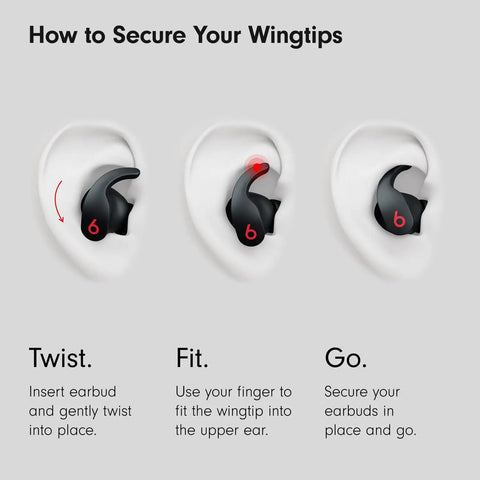 How to fit Fit Pro True Wireless Earbuds With Active Noise Cancellation in ear, illustration of twist, fit, and go steps.