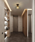 Vintage Copper Diamond Flush Mount Ceiling Light With Glass Diamond Shade Oil Rubbed Bronze Finish Retro Modern 2 In 1 Pendant Fixture For Bedroom Living Room Kitchen Island Hallway And Entryway illuminating a modern hallway with wooden accents and open shelves.