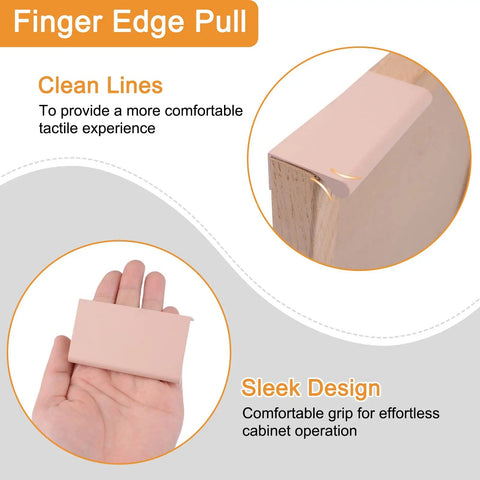 4 Pack Self Adhesive Drawer Pulls Right Angle Aluminum Alloy Invisible Cabinet Handles 70mm Ballet Pink on wood surface and hand