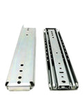 Premium Ball Bearing Drawer Slides With Slick Full Extension And A Badass 500 Pound Load Rating For Kitchen Cabinets And Workshop Storage Measuring Thirty Six Inches Long, showing two metal rails.