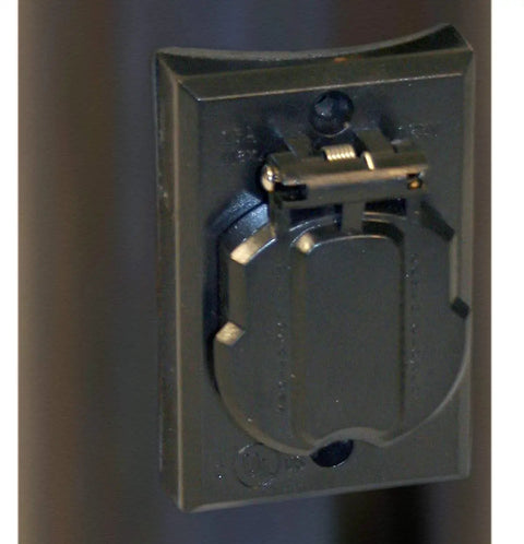 Close-up of black Grounded Outdoor 120V Power Outlet Kit For Lamp Posts And Poles Weather Resistant With Protective Cover