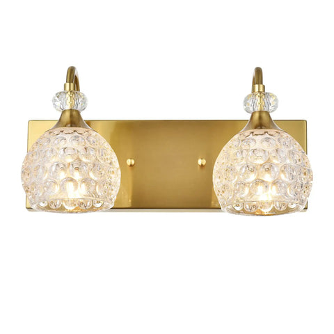 Two Light Brushed Gold Vanity Light Fixtures For Bathroom Over Mirror With Crystal Orb Shades Modern Glam Vanity Lighting Above Sink Premium Crystal Accents 13.8 Inch Long Durable Brass Base featuring crystal orb shades and brass base