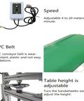 Heavy Duty 110V PVC Belt Conveyor On Wheels With Double Baffle features speed control, adjustable height, green belt