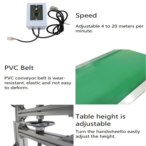 Heavy Duty 110V PVC Belt Conveyor On Wheels With Double Baffle features speed control, adjustable height, green belt