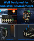 Industrial 10 Port Gigabit Ethernet Switch With 10 100 1000BaseT RJ45 Ports DIN Rail Mount showing compact size, temperature range, and protection features.