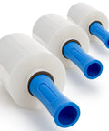 3 Pack Clear Heavy Duty Stretch Wrap Film Rolls With Handles 100 Gauge 5 X 1000 Ft thick plastic rolls for shipping and storage.