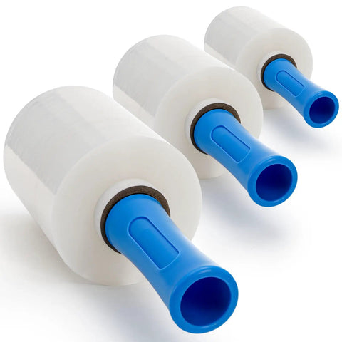 3 Pack Clear Heavy Duty Stretch Wrap Film Rolls With Handles 100 Gauge 5 X 1000 Ft thick plastic rolls for shipping and storage.