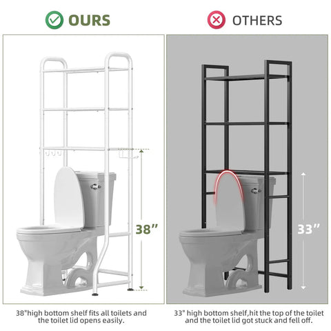 Comparison of Over The Toilet Storage Rack With 3 Tier Metal Organizer Free Standing Bathroom Shelves Above Toilet White, showing different heights.
