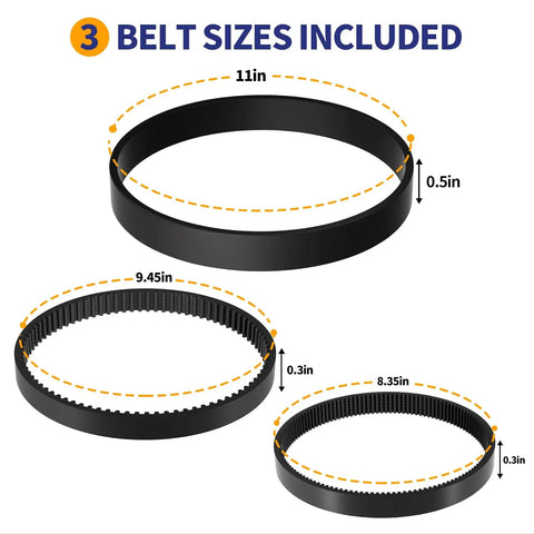 3 in 1 Belt Replacement Kit for ProHeat 2X Revolution Pet Pro Carpet Cleaners showing 3 belt sizes with dimensions.