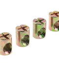 M6 Barrel Nuts for furniture assembly, galvanized steel, four-piece set for crib and bed frames.