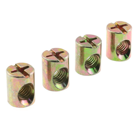 M6 Barrel Nuts for furniture assembly, galvanized steel, four-piece set for crib and bed frames.