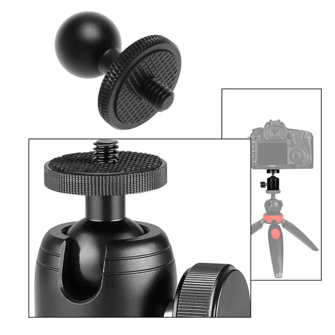 17mm Ball Head Converter With One Quarter Inch Universal Screw For Tripods Magnetic Suction Cup Car Mounts And Phone GPS Camera Brackets 360 Degree Panoramic Rotation Perfect For Multi Angle Shots in black metal with camera attachment detail