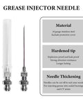 Seven Piece Grease Needle Accessory Kit With Five Nozzles One Grease Needle Dispenser And Rubber Fitting Adapter For Narrow Tight Spaces Pro Grade Auto Car Maintenance Tools Heavy Duty Carbon Steel Build, displaying a grease injector needle with protective cover and stainless steel construction.