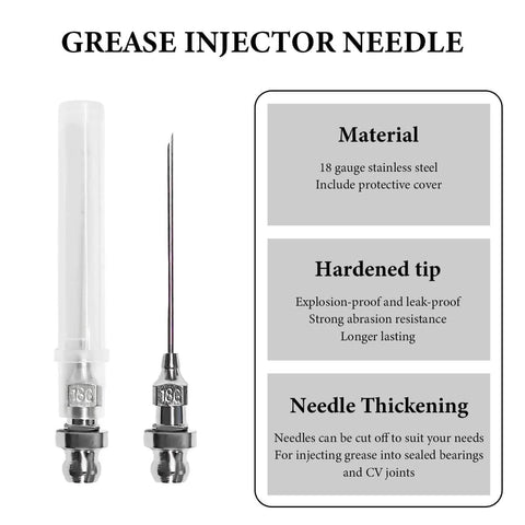 Seven Piece Grease Needle Accessory Kit With Five Nozzles One Grease Needle Dispenser And Rubber Fitting Adapter For Narrow Tight Spaces Pro Grade Auto Car Maintenance Tools Heavy Duty Carbon Steel Build, displaying a grease injector needle with protective cover and stainless steel construction.