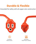 100 Foot 3 Prong Vinyl Indoor Outdoor Extension Cord With Grounded Plug ETL Certified Moisture Resistant Power Cable close-up of plug.