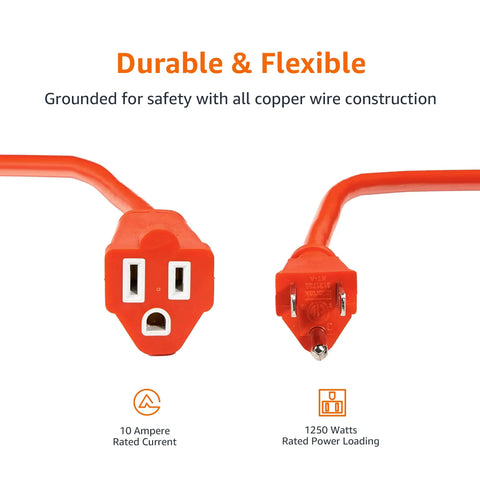 100 Foot 3 Prong Vinyl Indoor Outdoor Extension Cord With Grounded Plug ETL Certified Moisture Resistant Power Cable close-up of plug.