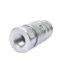 Front view of GELUOXI 1/4" NPT hydraulic quick-connect coupler with knurled silver metal body and internal threads