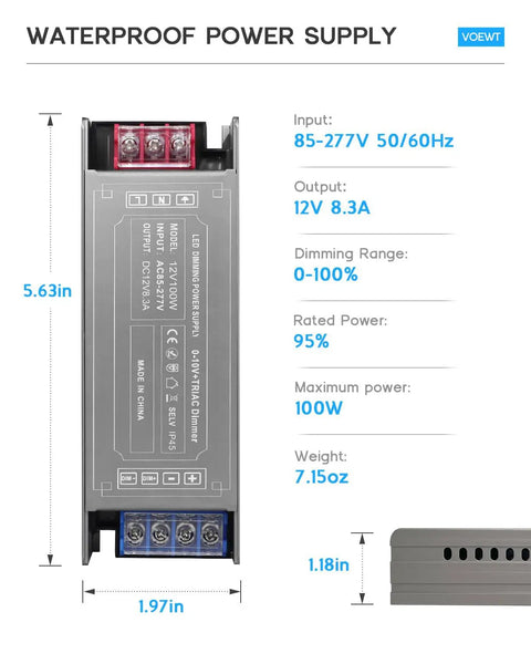 Dimmable LED Driver 100W Power Supply dimensions and specifications
