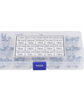 150 Piece Resistor And Trimmer Potentiometer Assortment Kit in clear box showing various blue and white components for DIY electronics.