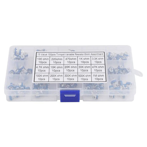 150 Piece Resistor And Trimmer Potentiometer Assortment Kit in clear box showing various blue and white components for DIY electronics.