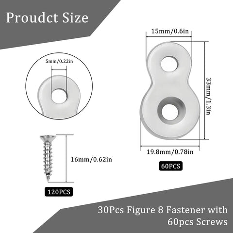 Thirty Piece Bundle Heavy Duty Figure Eight Table Top Fasteners With Sixty Matched Screws For Serious Cabinet Woodworking and Office Furniture Assembly No Sweat Setup Always showing sizes and dimensions.