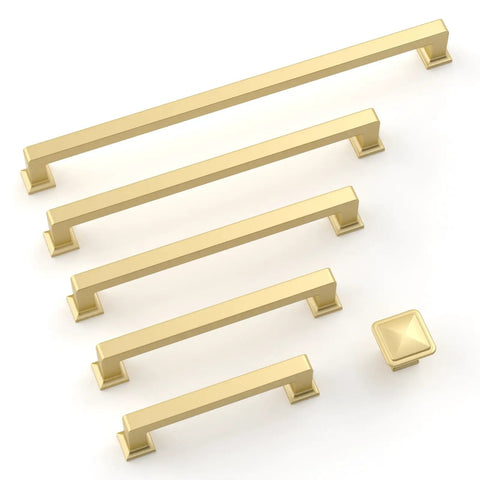 Top Shelf Brushed Gold Cabinet Pulls 10 Pack With Trim Down Screws For Kitchen Drawers Modern Deco Style Slick Satin Finish Zero Hassle Install Fresh Home Glow Up 5 Inches On Center, showcasing different sizes of cabinet handles.