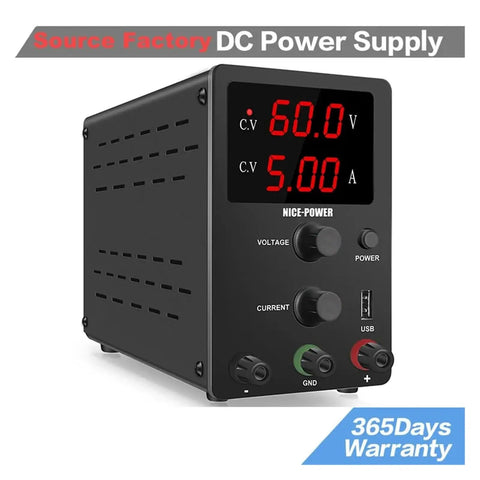 AC To DC Adjustable Laboratory Switching Power Supply 30V 60V 120V For Laptop Phone Computer And PCB Repair And Charging 120V3A Black Compact With Low Ripple Output And Overload Short Circuit Protection, front view with digital display