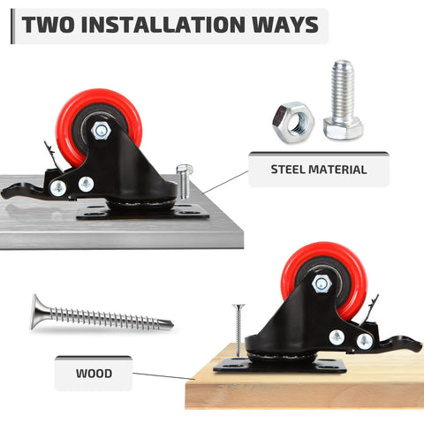 Heavy Duty 2 Inch Polyurethane Caster Wheels With Brake 8 Pack Silent Swivel Furniture Casters installation on steel and wood surfaces