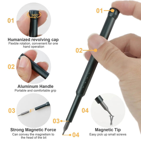 Hand holding 46-In-1 Mini Precision Screwdriver Set with Full Bit Kit for Electronics Repair, showing aluminum handle and magnetic tip.